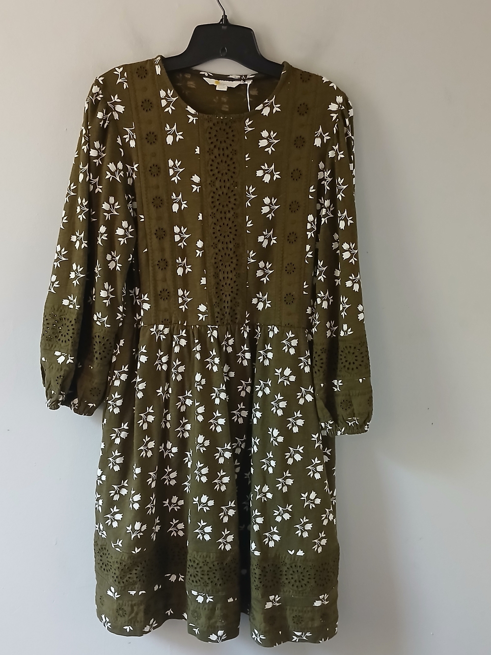 Boden Women's Size 14 Floral Puff Sleeve Eyelet Green White Midi Dress Cotton